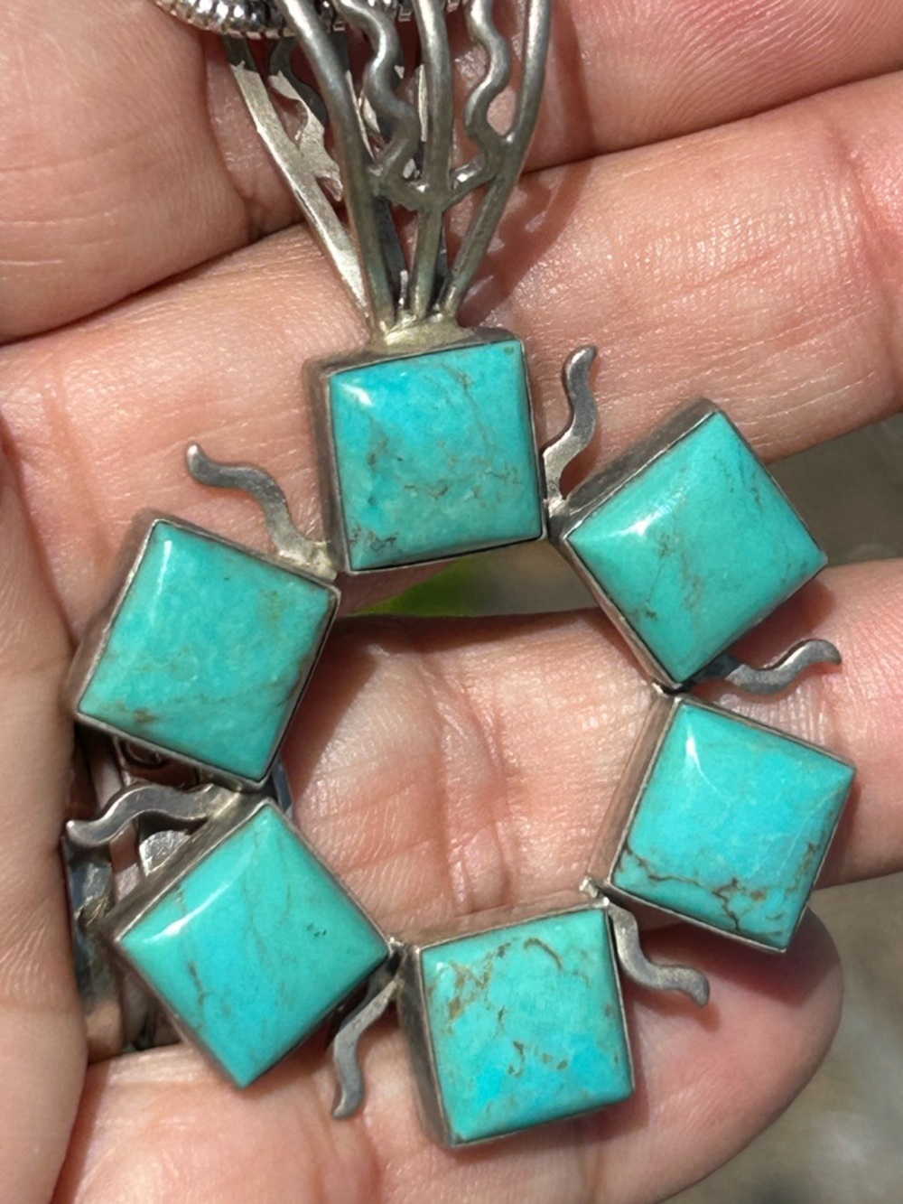 Vintage sterling silver jay king Turquoise Square Halo Pendant Necklace 19.50” - Picture 4 of 11